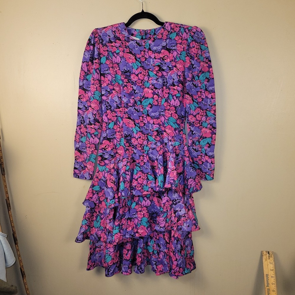 Jody California Floral Dress 5/6 Vintage 80s Tiered Ruffle Shoulder Pads Long Sl